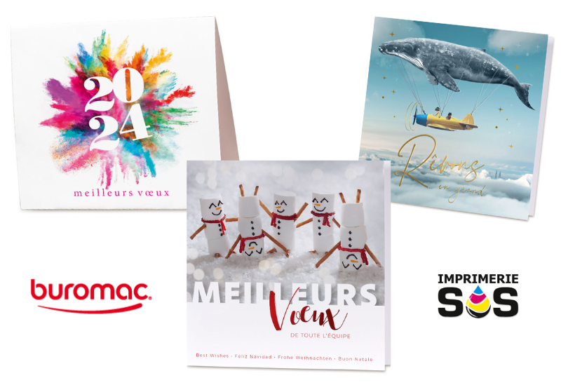 3 exemples de visuels de cartes de vœux BUROMAC (une multicolore, une rêveuse avec une baleine et des petits bonhommes de neige en papier)