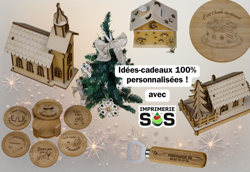 Gravure sur bois - Noël - chalets, églises, sous-verres, décapsuleur...